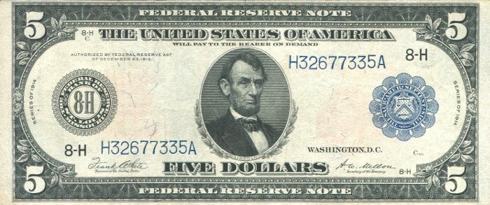 Reproduction United States $5 Bill Federal Reserve Note Dallas 1928 Five Lincoln 