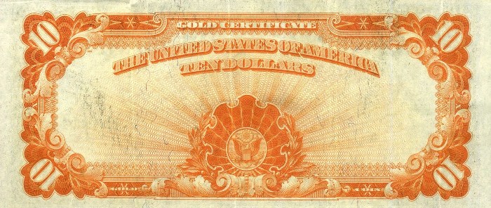 1922 10 Dollar Gold Certificate Reverse