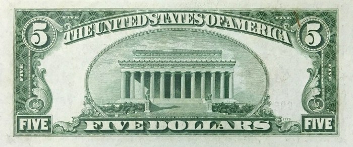 1928 5 Dollar Bill Red Seal Reverse
