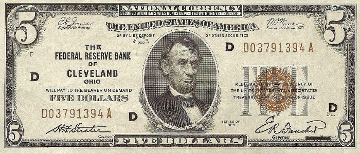 1929 5 Dollar Federal Reserve Note