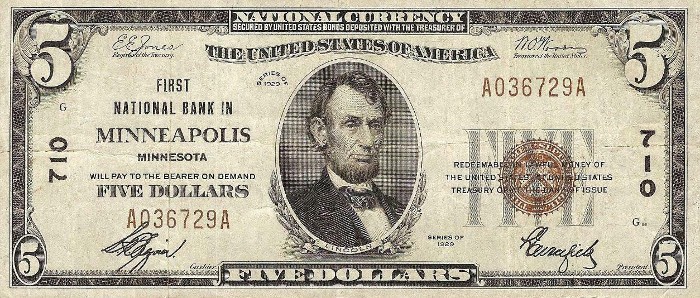 1929 5 Dollar National Bank Note