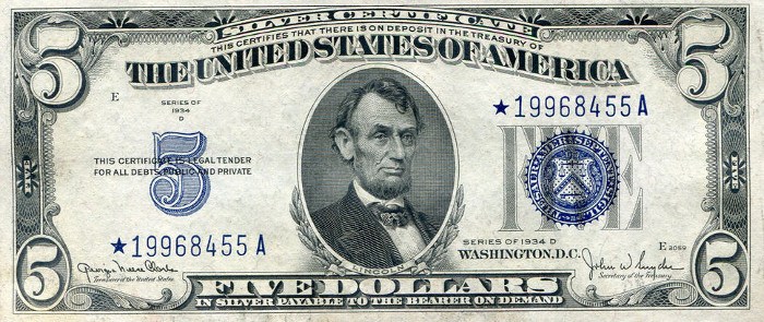 1934 Five Dollar Silver Certificate Star Note