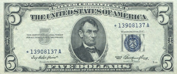 1953 Five Dollar Silver Certificate Star Note