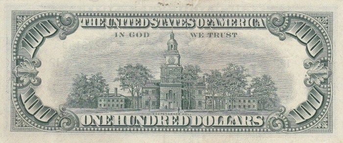 1969 Series 100 Dollar Bill Reverse