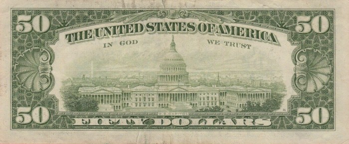 1985 50 Dollar Bill Reverse