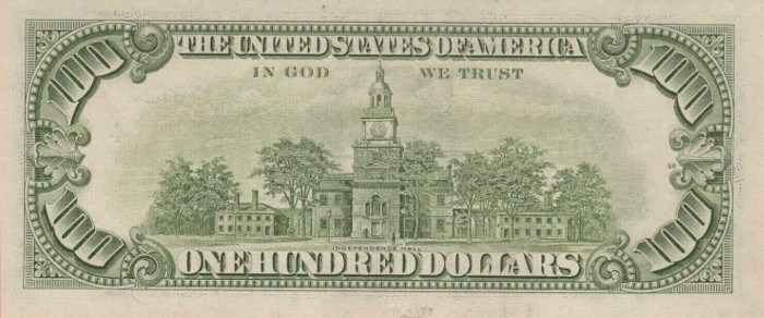 1985 Series 100 Dollar Bill Reverse