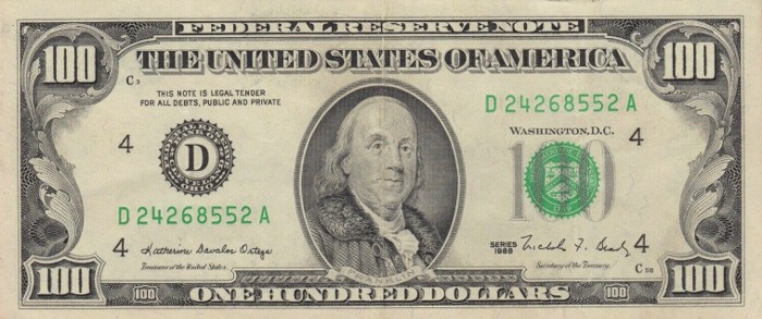 1988 Series 100 Dollar Bill