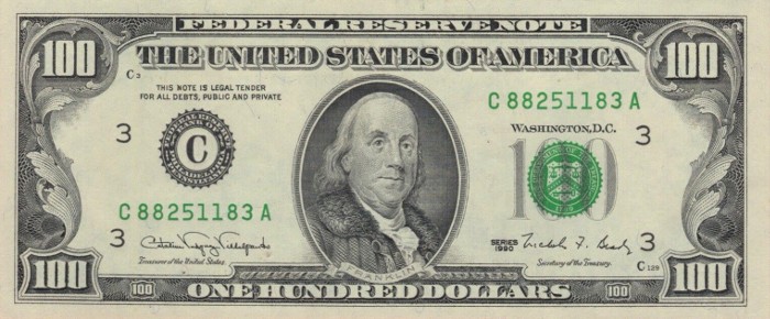 1990 Series 100 Dollar Bill