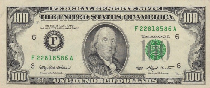 1993 Series 100 Dollar Bill