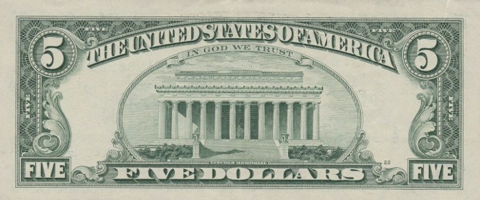 1995 5 Dollar Bill Reverse