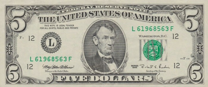 1995 5 Dollar Bill