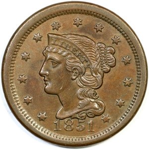 $46. XF detail Grey Sheet Price 1851 Braided Hair Large Cent 