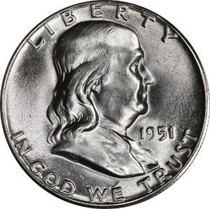 1951 D 50c Franklin Silver Half Dollar US Coin F Fine